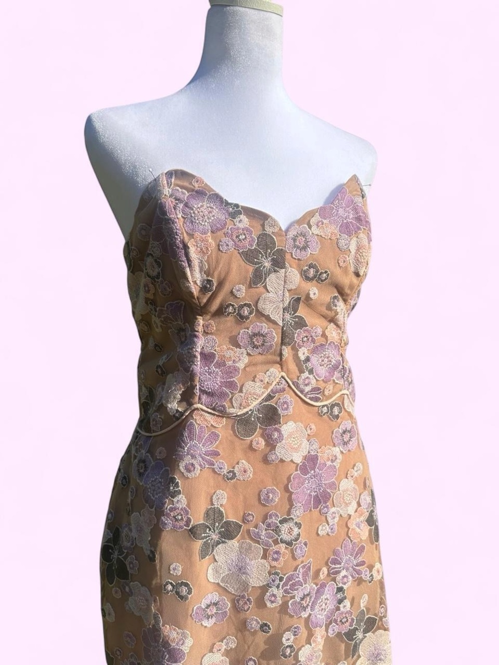 Strapless Floral Embroidered Midi Dress - Peach & Lavender
